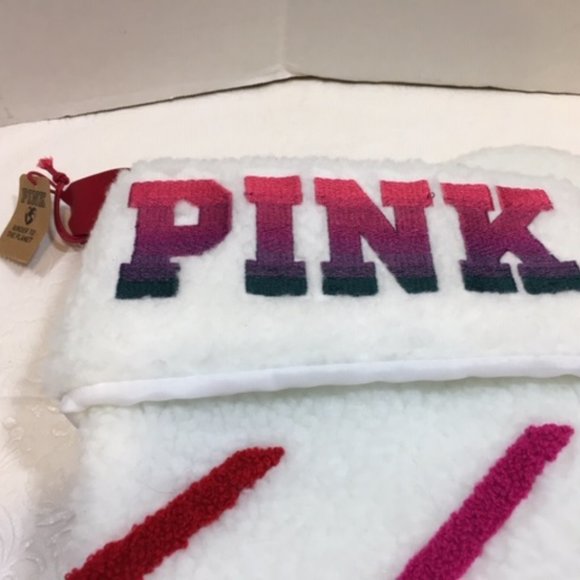 Victoria’s Secret Pink Christmas Stocking Fuzzy Fur White w/Multicolored Stripes - Picture 5 of 6